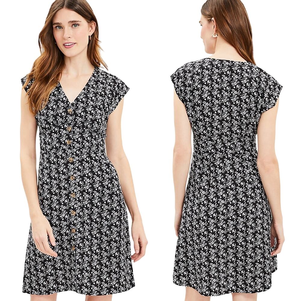 NWT LOFT Dress 4 Linen blend Floral Black White V Fit&Flare Button-Up Cap-Sleeve